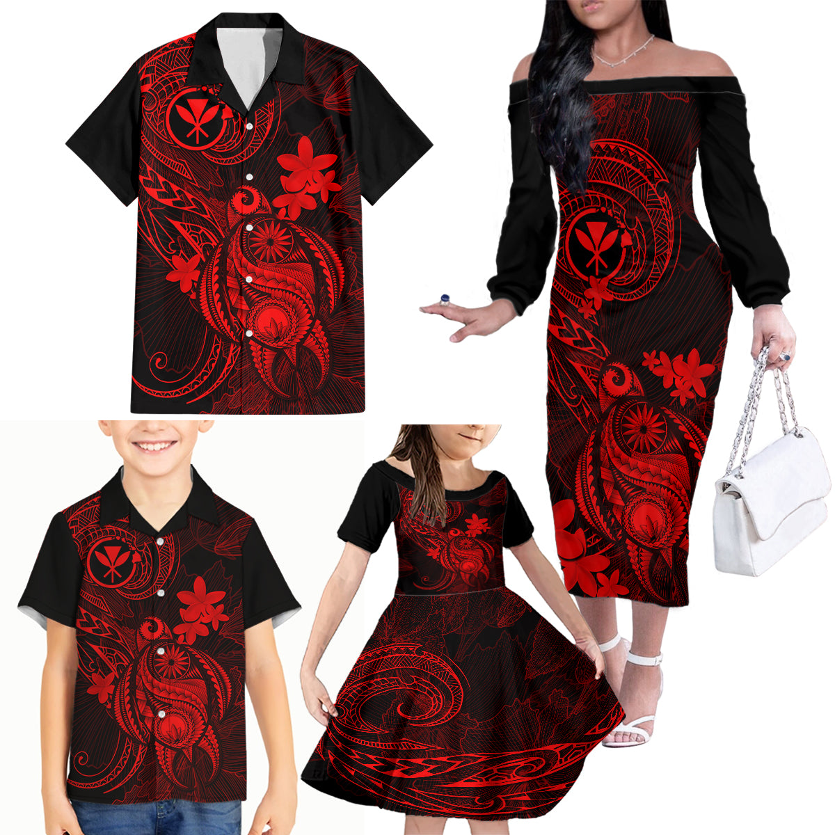Hawaii Family Matching Off Shoulder Long Sleeve Dress and Hawaiian Shirt Turtle Mix Polynesian Plumeria Red Version - Wonder Print Shop