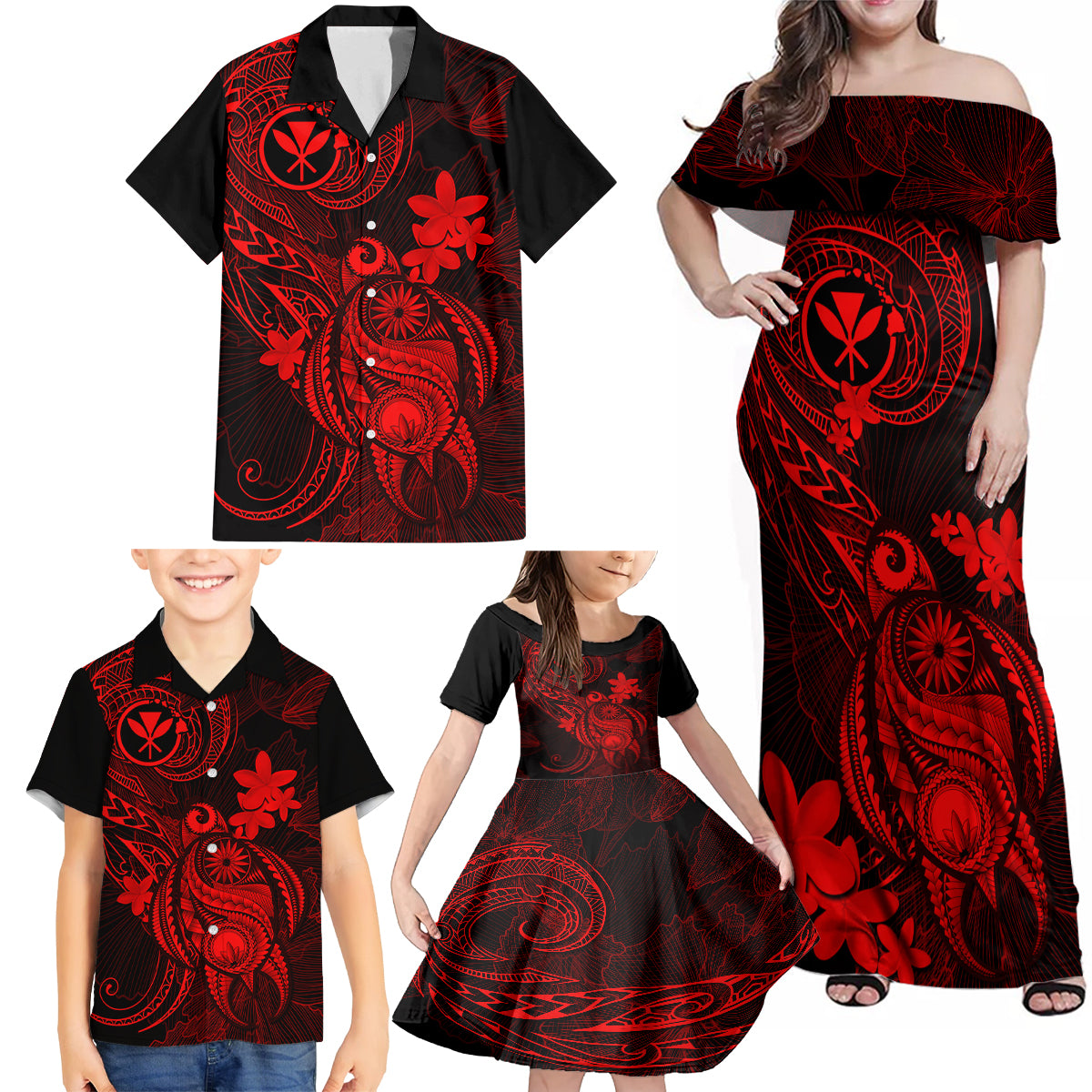 Hawaii Family Matching Off Shoulder Maxi Dress and Hawaiian Shirt Turtle Mix Polynesian Plumeria Red Version - Wonder Print Shop