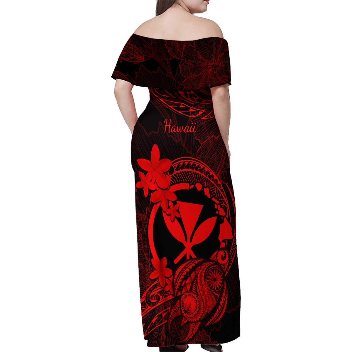 Hawaii Family Matching Off Shoulder Maxi Dress and Hawaiian Shirt Turtle Mix Polynesian Plumeria Red Version - Wonder Print Shop