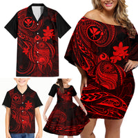 Hawaii Family Matching Off Shoulder Short Dress and Hawaiian Shirt Turtle Mix Polynesian Plumeria Red Version - Wonder Print Shop