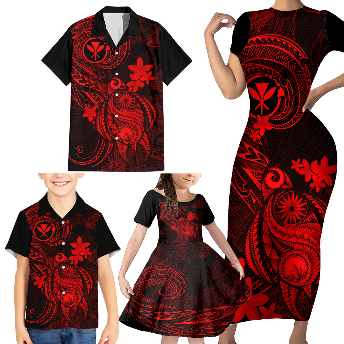Hawaii Family Matching Short Sleeve Bodycon Dress and Hawaiian Shirt Turtle Mix Polynesian Plumeria Red Version - Wonder Print Shop