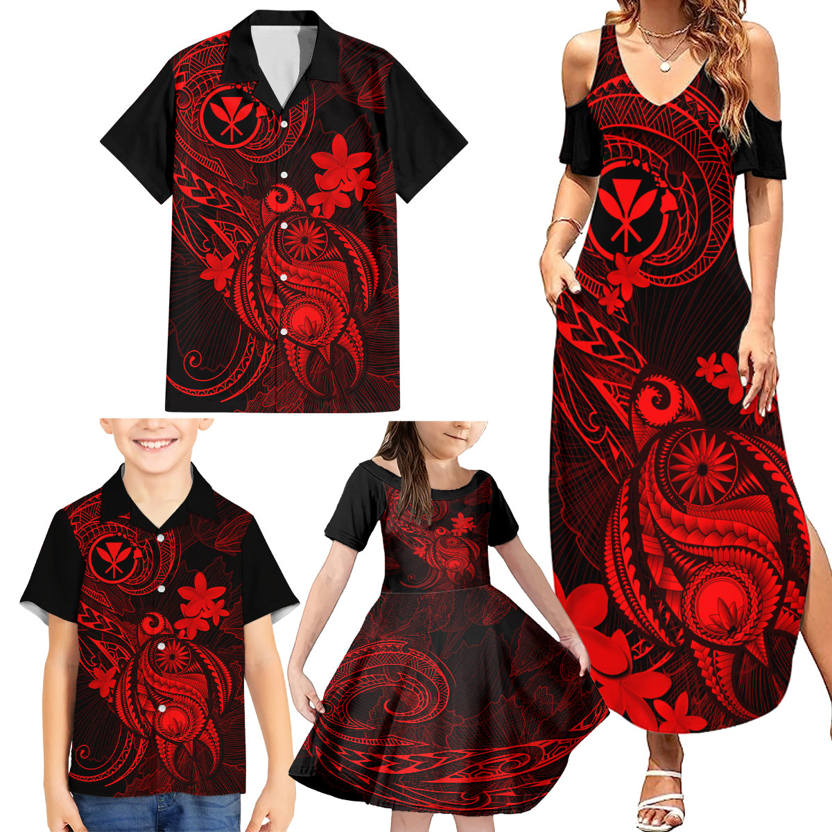 Hawaii Family Matching Summer Maxi Dress and Hawaiian Shirt Turtle Mix Polynesian Plumeria Red Version - Wonder Print Shop