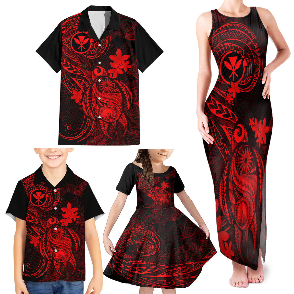 Hawaii Family Matching Tank Maxi Dress and Hawaiian Shirt Turtle Mix Polynesian Plumeria Red Version - Wonder Print Shop