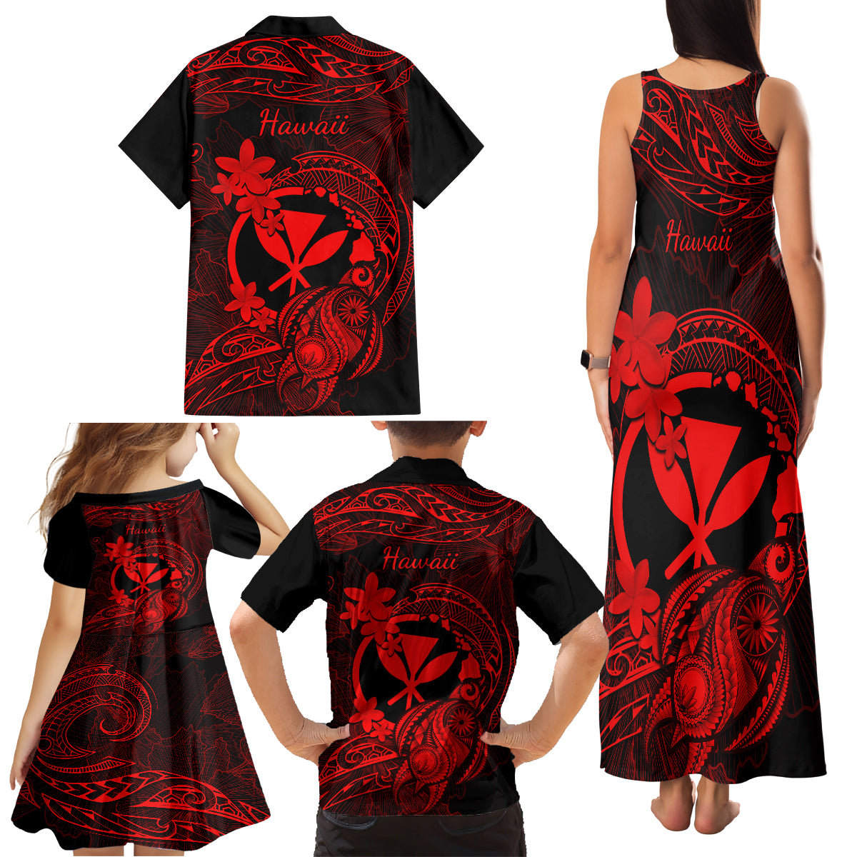 Hawaii Family Matching Tank Maxi Dress and Hawaiian Shirt Turtle Mix Polynesian Plumeria Red Version - Wonder Print Shop