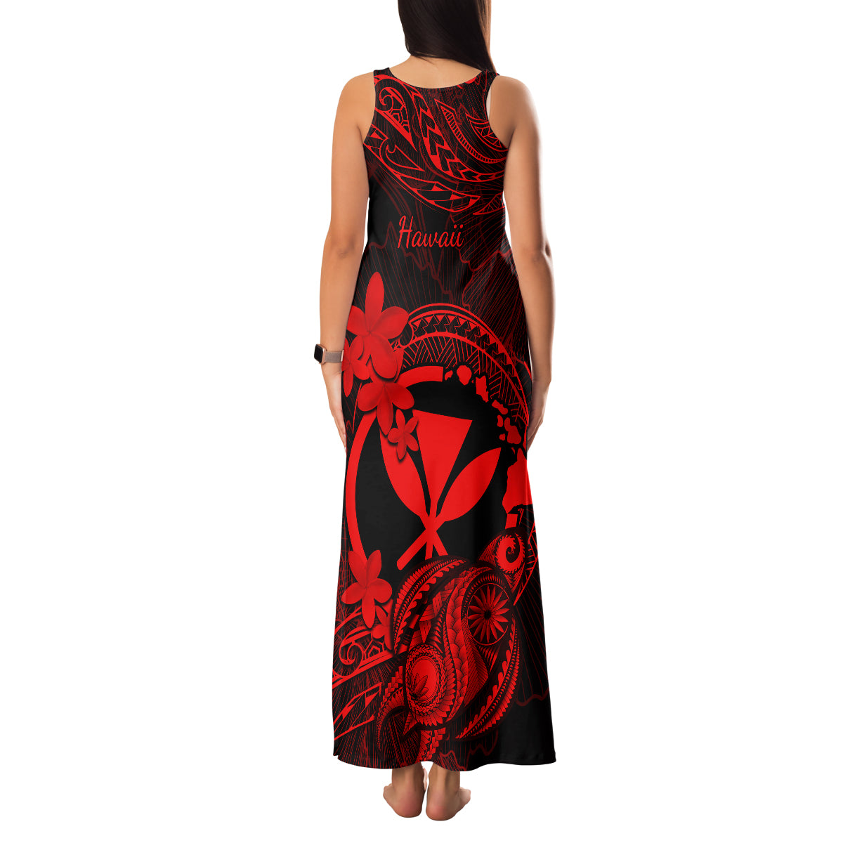 Hawaii Family Matching Tank Maxi Dress and Hawaiian Shirt Turtle Mix Polynesian Plumeria Red Version - Wonder Print Shop