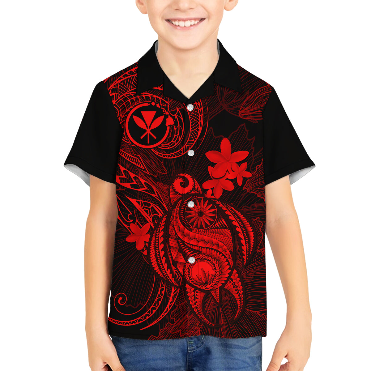Hawaii Kid Hawaiian Shirt Turtle Mix Polynesian Plumeria Red Version - Wonder Print Shop