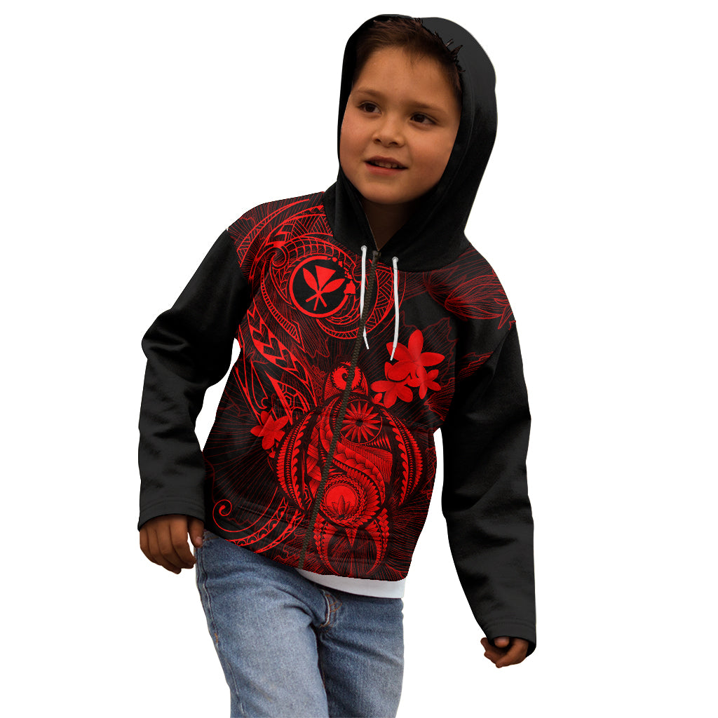 Hawaii Kid Hoodie Turtle Mix Polynesian Plumeria Red Version - Wonder Print Shop