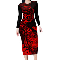 Hawaii Long Sleeve Bodycon Dress Turtle Mix Polynesian Plumeria Red Version - Wonder Print Shop