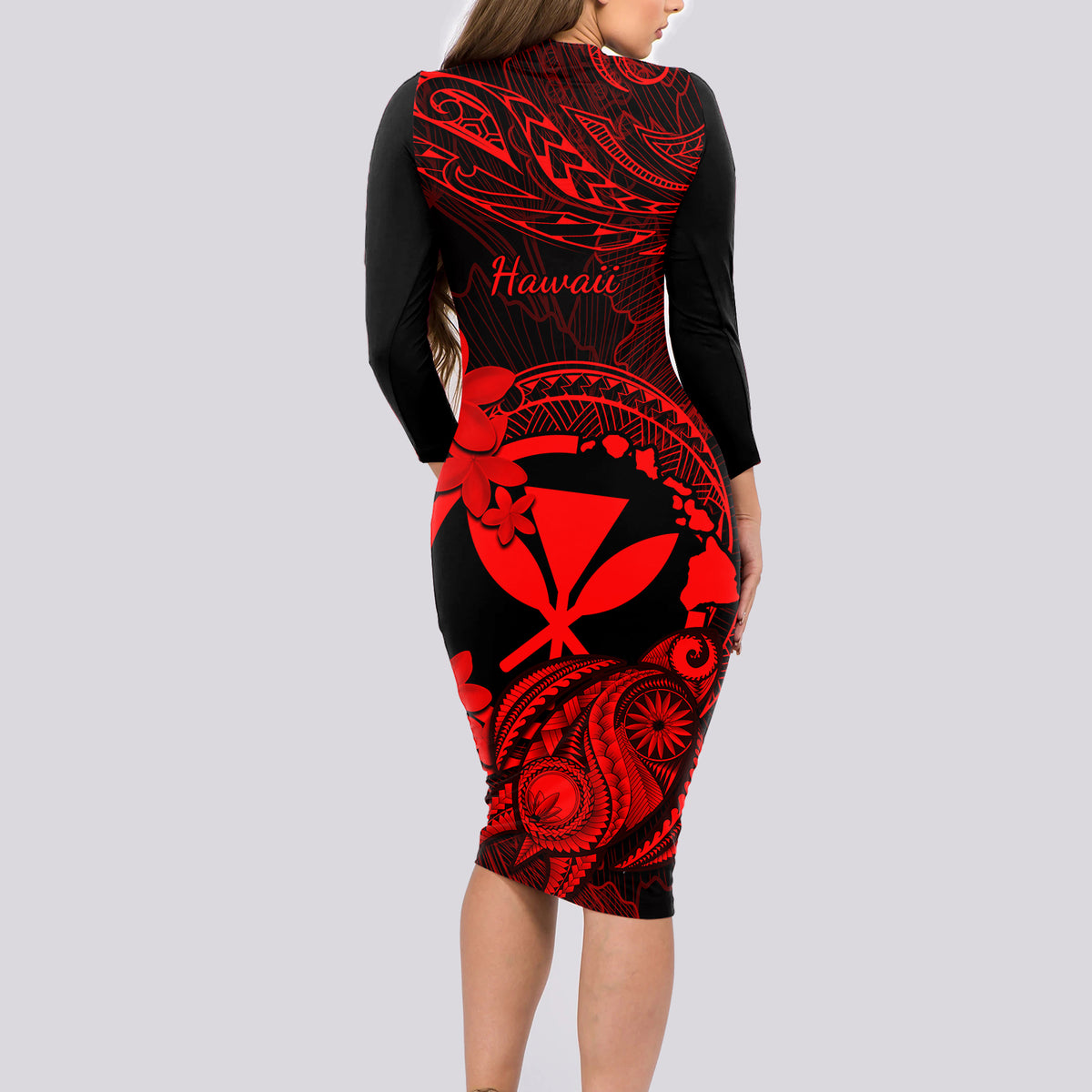 Hawaii Long Sleeve Bodycon Dress Turtle Mix Polynesian Plumeria Red Version - Wonder Print Shop