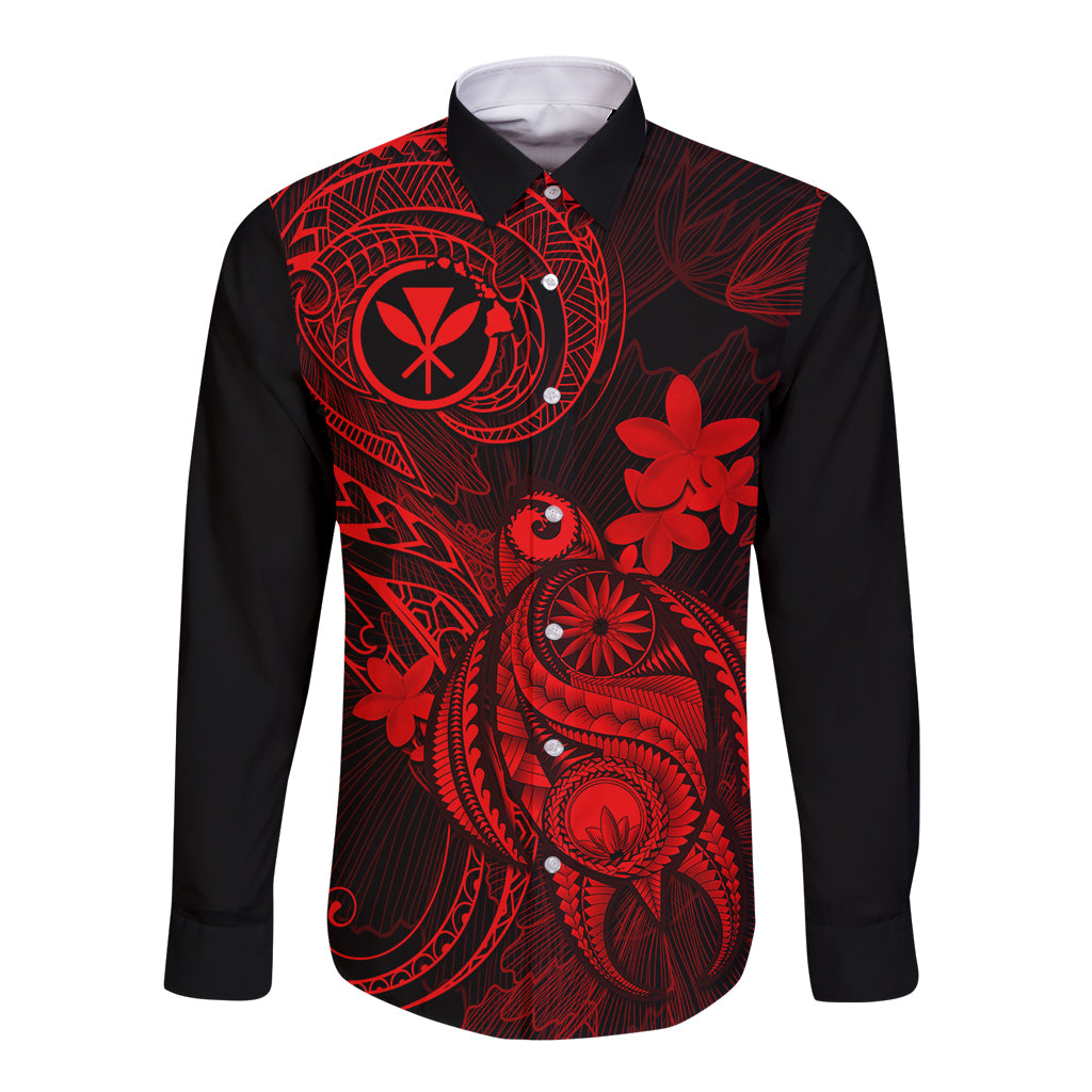 Hawaii Long Sleeve Button Shirt Turtle Mix Polynesian Plumeria Red Version - Wonder Print Shop