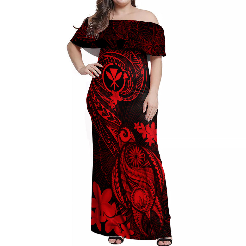 Hawaii Off Shoulder Maxi Dress Turtle Mix Polynesian Plumeria Red Version - Wonder Print Shop