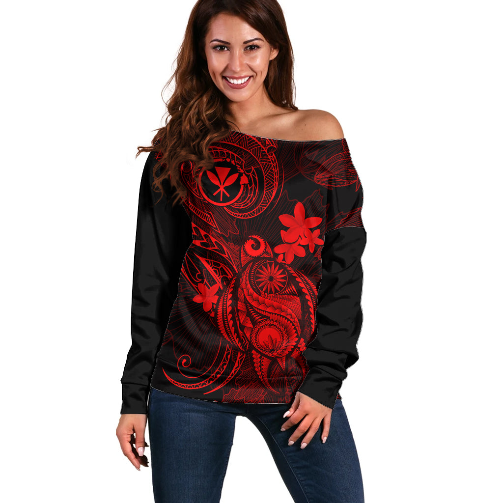 Hawaii Off Shoulder Sweater Turtle Mix Polynesian Plumeria Red Version - Wonder Print Shop