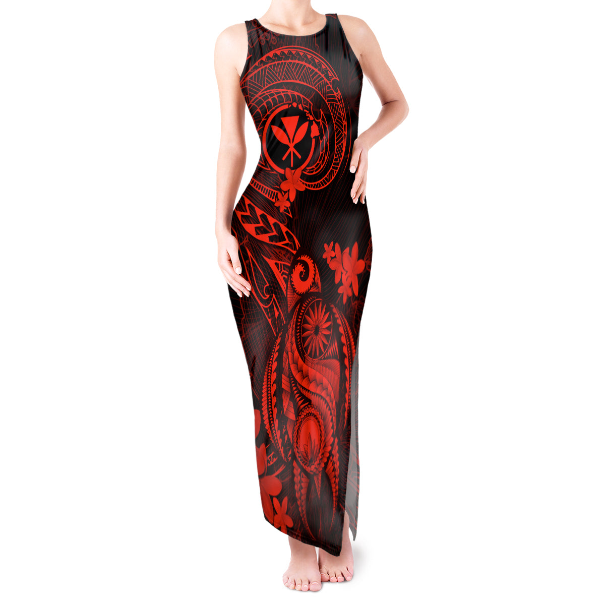 Hawaii Tank Maxi Dress Turtle Mix Polynesian Plumeria Red Version - Wonder Print Shop
