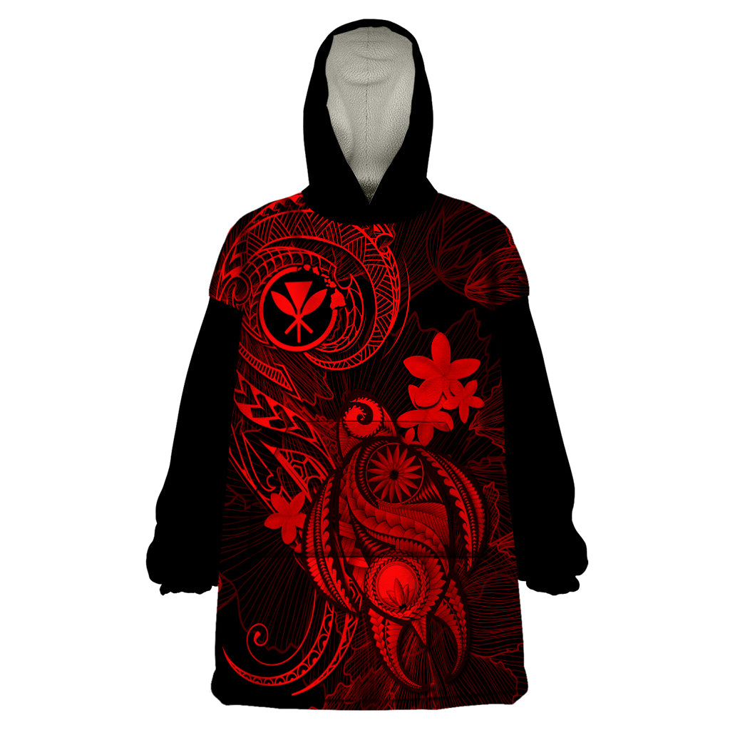 Hawaii Wearable Blanket Hoodie Turtle Mix Polynesian Plumeria Red Version - Wonder Print Shop