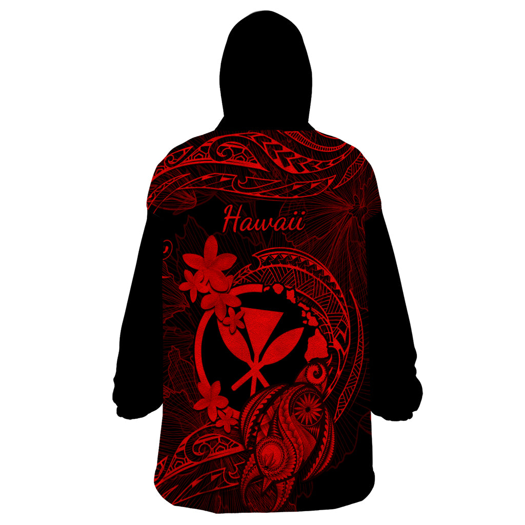 Hawaii Wearable Blanket Hoodie Turtle Mix Polynesian Plumeria Red Version - Wonder Print Shop