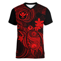 Hawaii Women V Neck T Shirt Turtle Mix Polynesian Plumeria Red Version - Wonder Print Shop