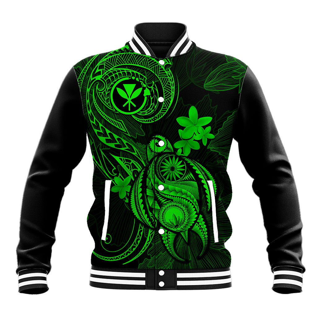 Hawaii Baseball Jacket Turtle Mix Polynesian Plumeria Green Version - Wonder Print Shop