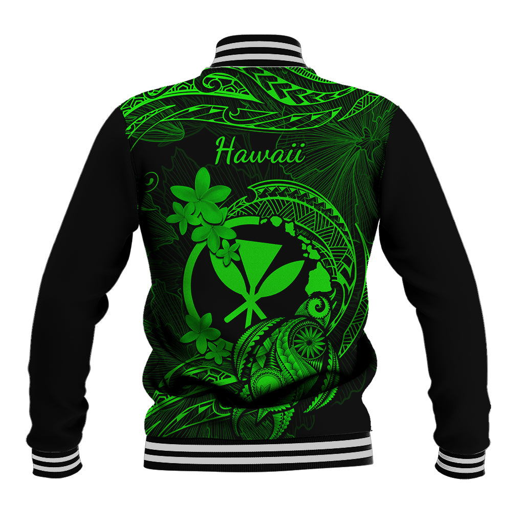 Hawaii Baseball Jacket Turtle Mix Polynesian Plumeria Green Version - Wonder Print Shop