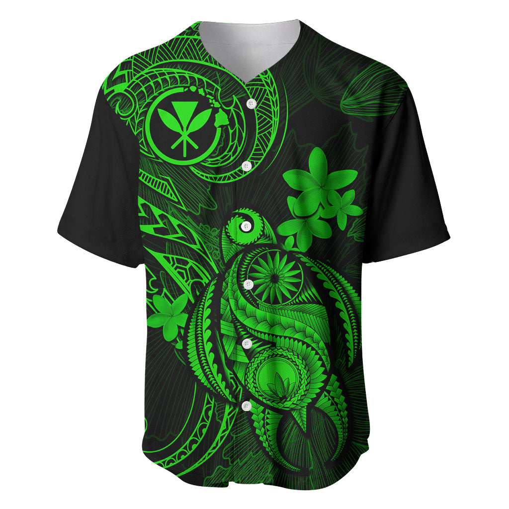Hawaii Baseball Jersey Turtle Mix Polynesian Plumeria Green Version - Wonder Print Shop