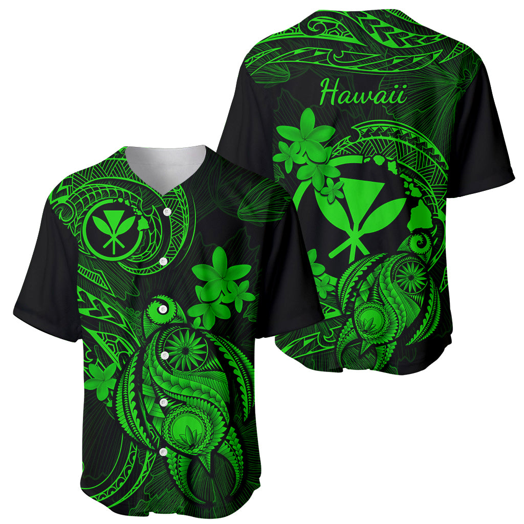 Hawaii Baseball Jersey Turtle Mix Polynesian Plumeria Green Version - Wonder Print Shop