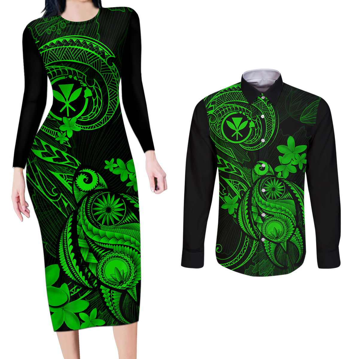 Hawaii Couples Matching Long Sleeve Bodycon Dress and Long Sleeve Button Shirts Turtle Mix Polynesian Plumeria Green Version - Wonder Print Shop