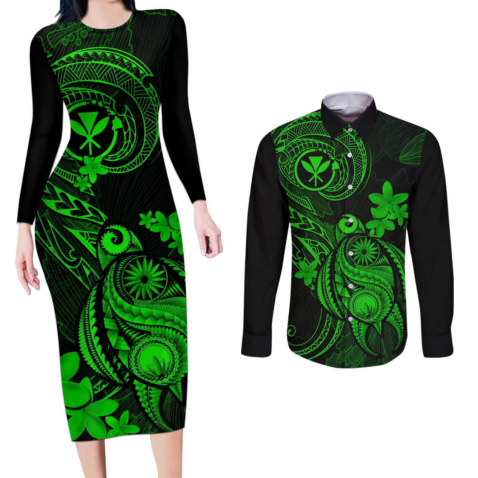 Hawaii Couples Matching Long Sleeve Bodycon Dress and Long Sleeve Button Shirts Turtle Mix Polynesian Plumeria Green Version - Wonder Print Shop