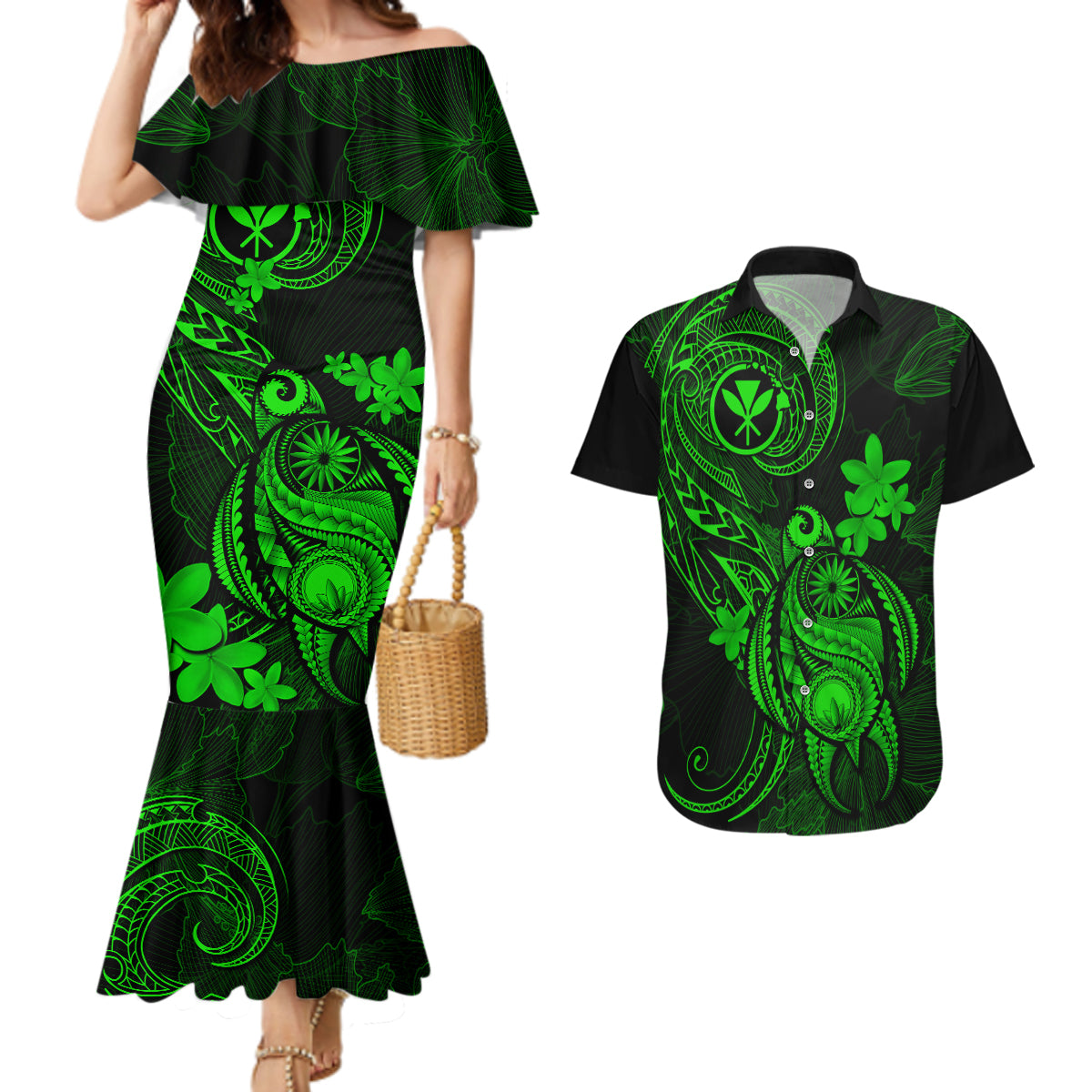Hawaii Couples Matching Mermaid Dress and Hawaiian Shirt Turtle Mix Polynesian Plumeria Green Version - Wonder Print Shop
