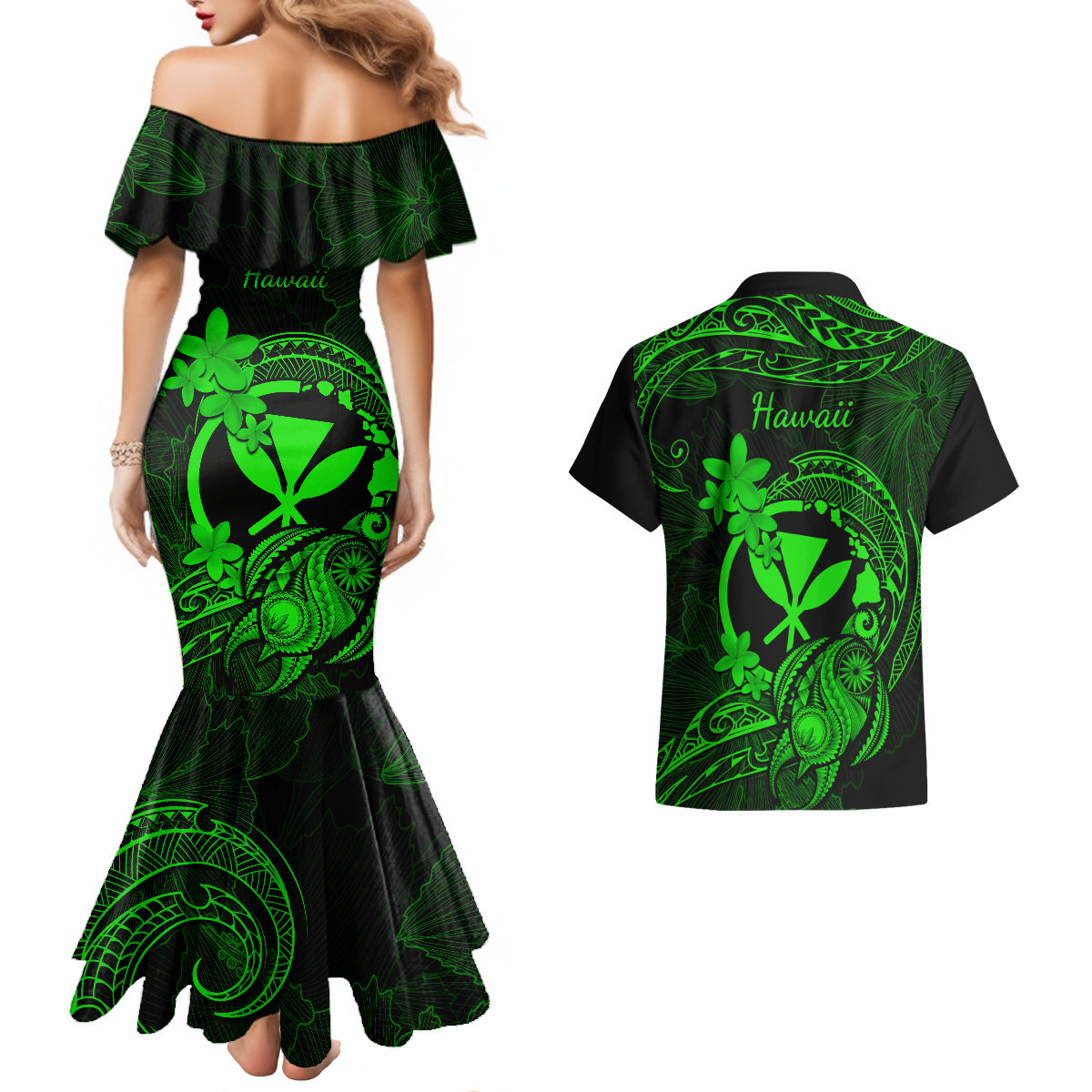 Hawaii Couples Matching Mermaid Dress and Hawaiian Shirt Turtle Mix Polynesian Plumeria Green Version - Wonder Print Shop