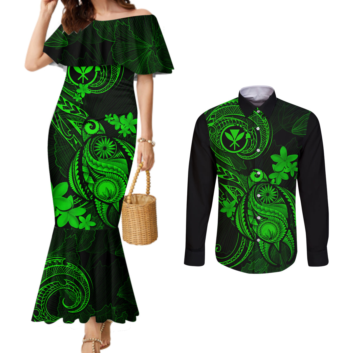 hawaii-couples-matching-mermaid-dress-and-long-sleeve-button-shirts-turtle-mix-polynesian-plumeria-green-version