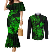 hawaii-couples-matching-mermaid-dress-and-long-sleeve-button-shirts-turtle-mix-polynesian-plumeria-green-version