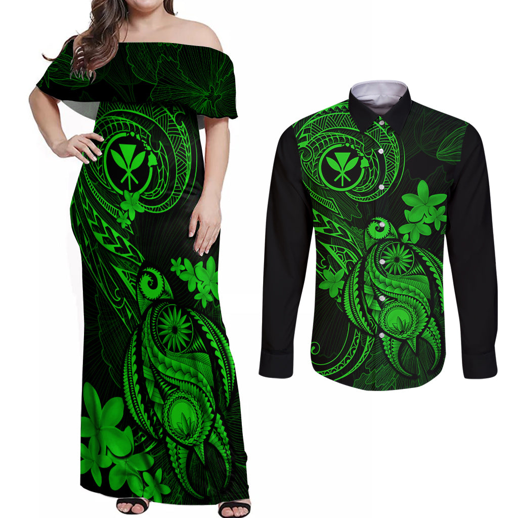Hawaii Couples Matching Off Shoulder Maxi Dress and Long Sleeve Button Shirts Turtle Mix Polynesian Plumeria Green Version - Wonder Print Shop