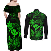 Hawaii Couples Matching Off Shoulder Maxi Dress and Long Sleeve Button Shirts Turtle Mix Polynesian Plumeria Green Version - Wonder Print Shop