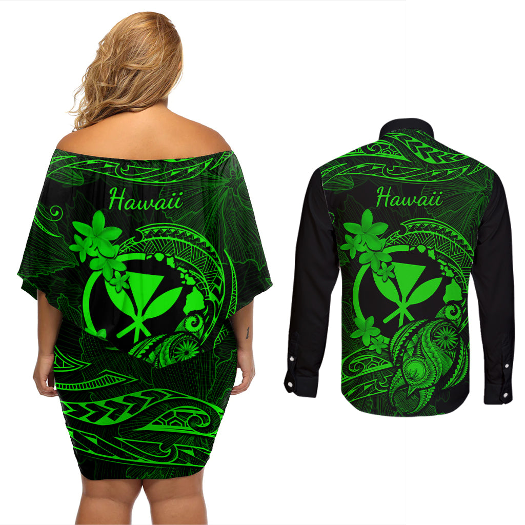 Hawaii Couples Matching Off Shoulder Short Dress and Long Sleeve Button Shirts Turtle Mix Polynesian Plumeria Green Version - Wonder Print Shop