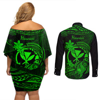 Hawaii Couples Matching Off Shoulder Short Dress and Long Sleeve Button Shirts Turtle Mix Polynesian Plumeria Green Version - Wonder Print Shop