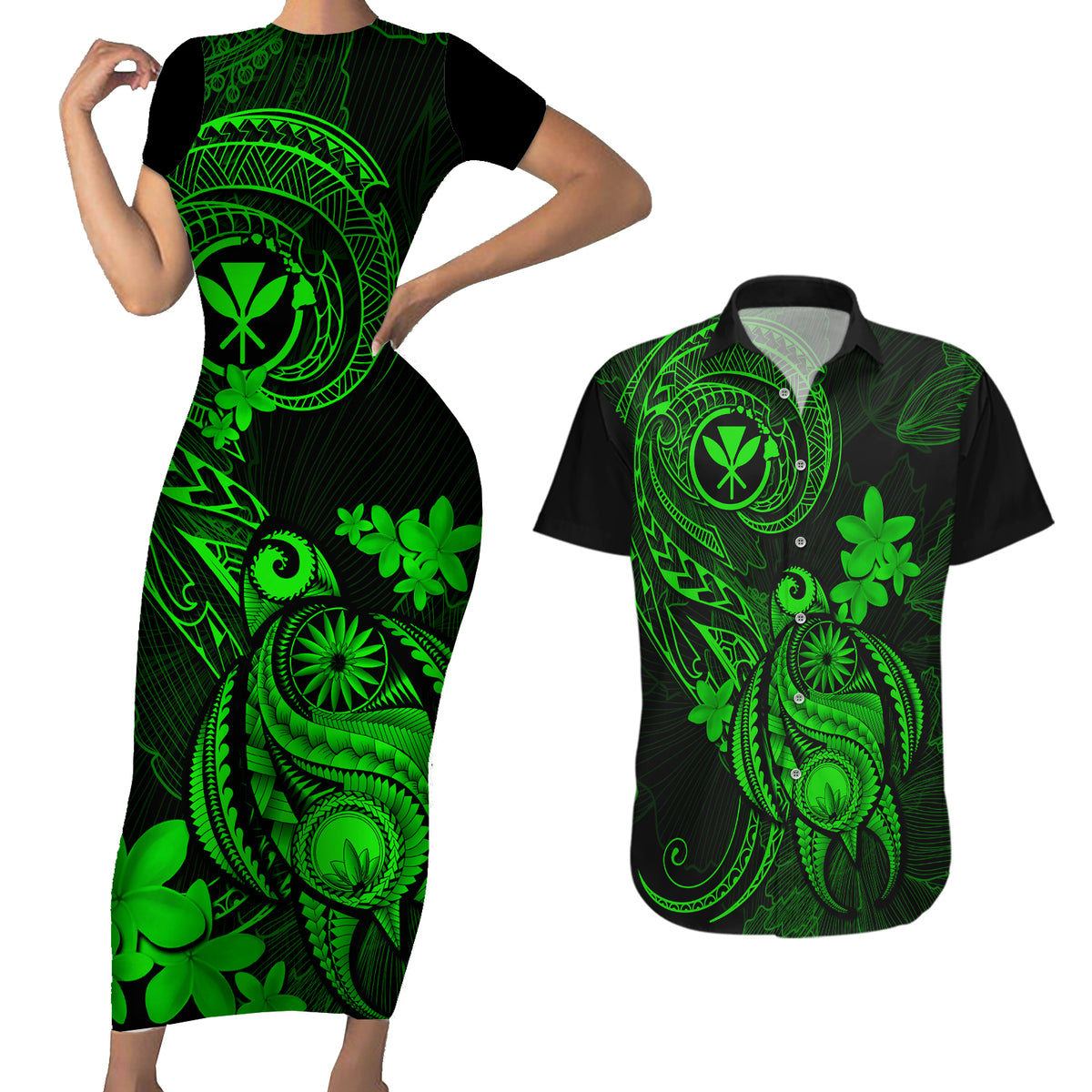 Hawaii Couples Matching Short Sleeve Bodycon Dress and Hawaiian Shirt Turtle Mix Polynesian Plumeria Green Version - Wonder Print Shop