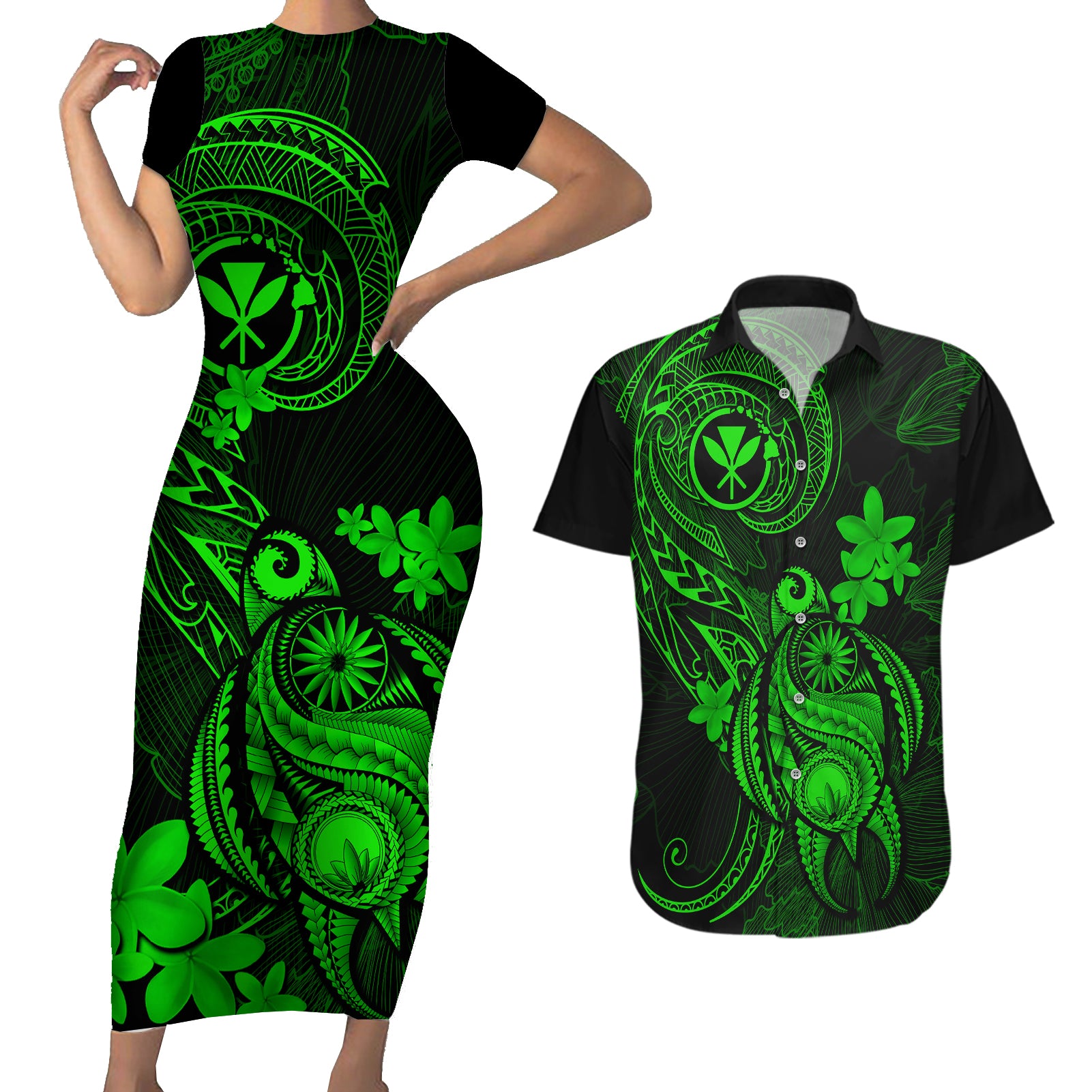 Hawaii Couples Matching Short Sleeve Bodycon Dress and Hawaiian Shirt Turtle Mix Polynesian Plumeria Green Version - Wonder Print Shop