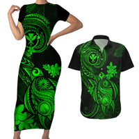 Hawaii Couples Matching Short Sleeve Bodycon Dress and Hawaiian Shirt Turtle Mix Polynesian Plumeria Green Version - Wonder Print Shop