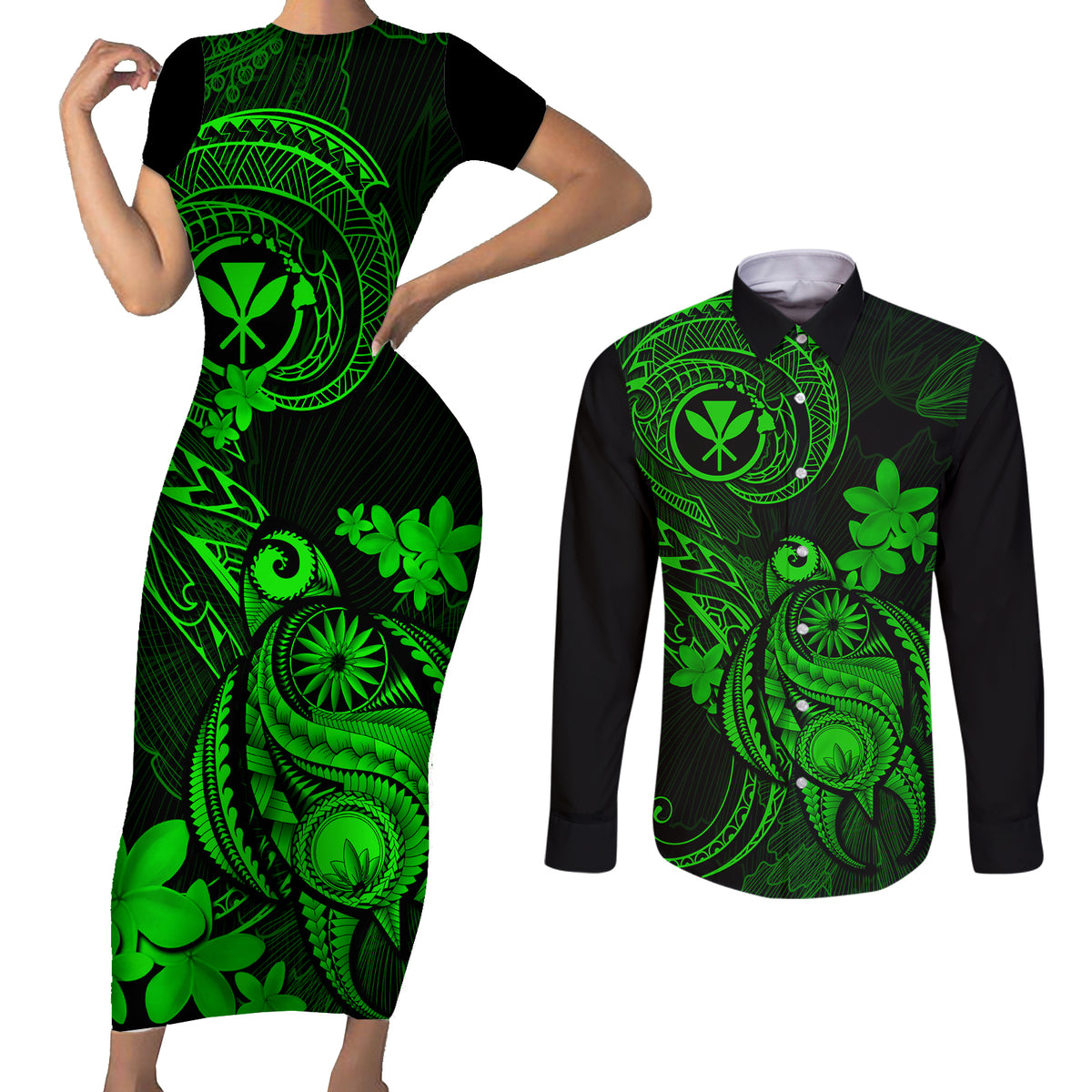 Hawaii Couples Matching Short Sleeve Bodycon Dress and Long Sleeve Button Shirts Turtle Mix Polynesian Plumeria Green Version - Wonder Print Shop