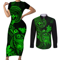 Hawaii Couples Matching Short Sleeve Bodycon Dress and Long Sleeve Button Shirts Turtle Mix Polynesian Plumeria Green Version - Wonder Print Shop