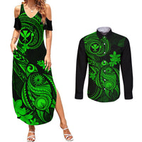 Hawaii Couples Matching Summer Maxi Dress and Long Sleeve Button Shirts Turtle Mix Polynesian Plumeria Green Version - Wonder Print Shop