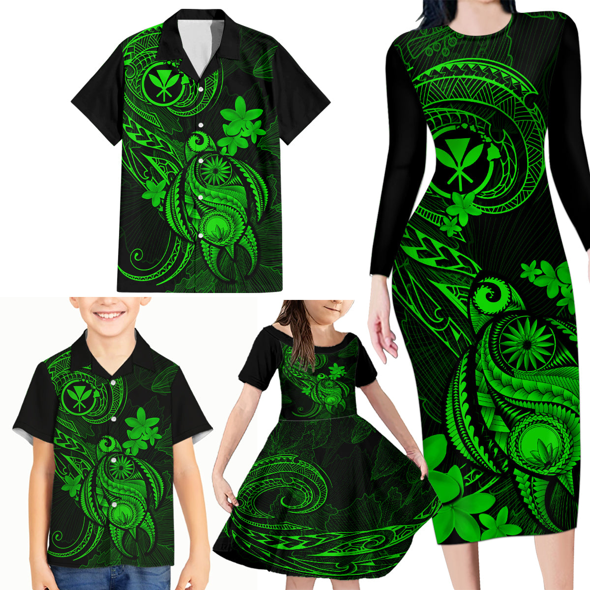 Hawaii Family Matching Long Sleeve Bodycon Dress and Hawaiian Shirt Turtle Mix Polynesian Plumeria Green Version - Wonder Print Shop