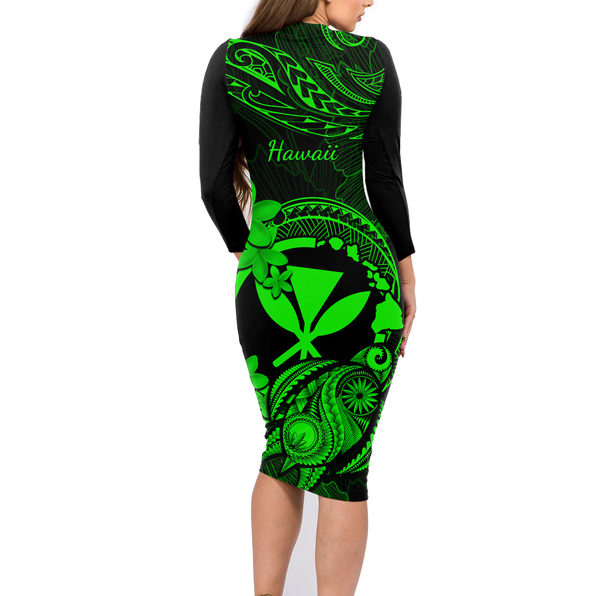 Hawaii Family Matching Long Sleeve Bodycon Dress and Hawaiian Shirt Turtle Mix Polynesian Plumeria Green Version - Wonder Print Shop
