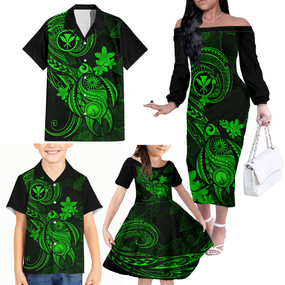Hawaii Family Matching Off Shoulder Long Sleeve Dress and Hawaiian Shirt Turtle Mix Polynesian Plumeria Green Version - Wonder Print Shop