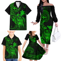 Hawaii Family Matching Off Shoulder Long Sleeve Dress and Hawaiian Shirt Turtle Mix Polynesian Plumeria Green Version - Wonder Print Shop