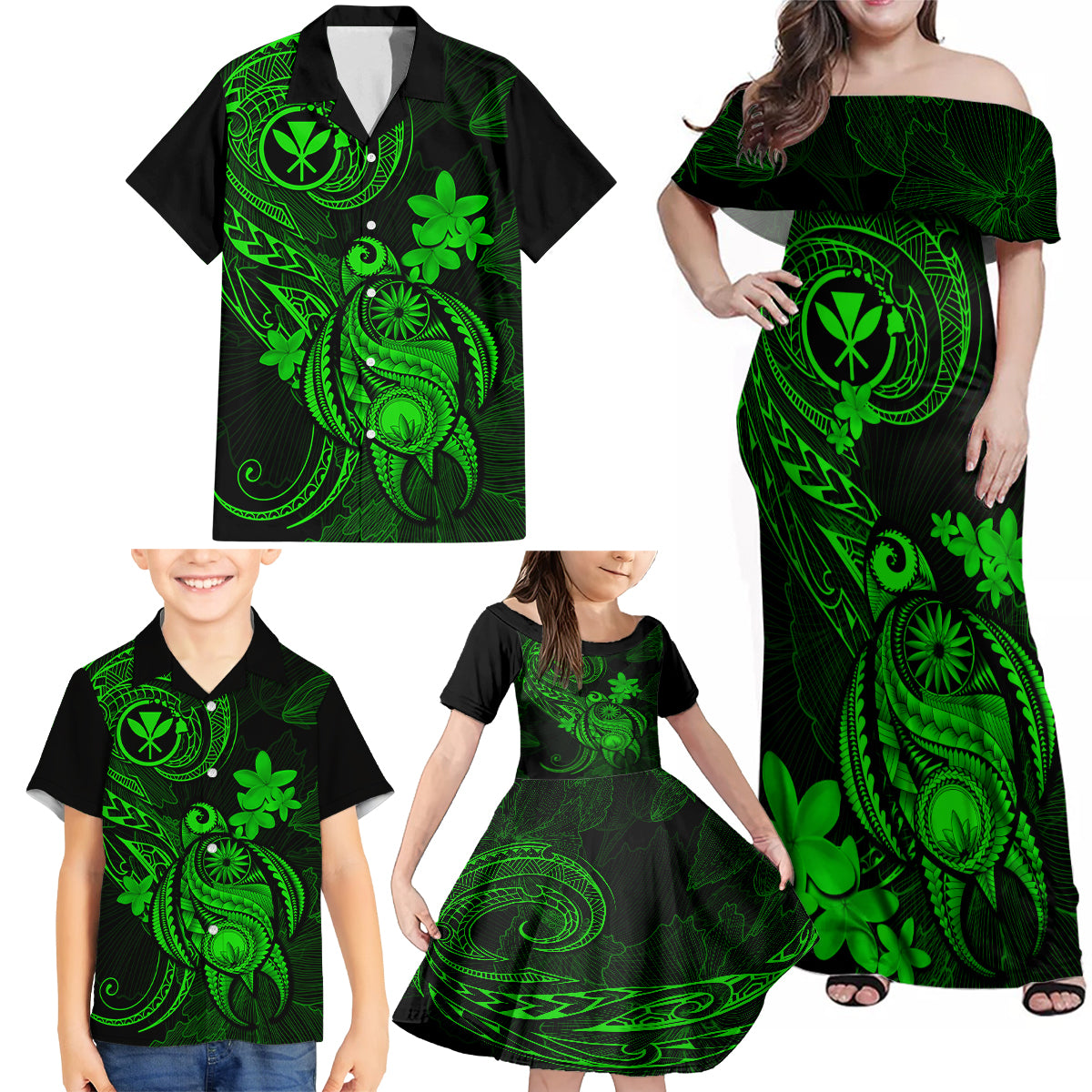 Hawaii Family Matching Off Shoulder Maxi Dress and Hawaiian Shirt Turtle Mix Polynesian Plumeria Green Version - Wonder Print Shop