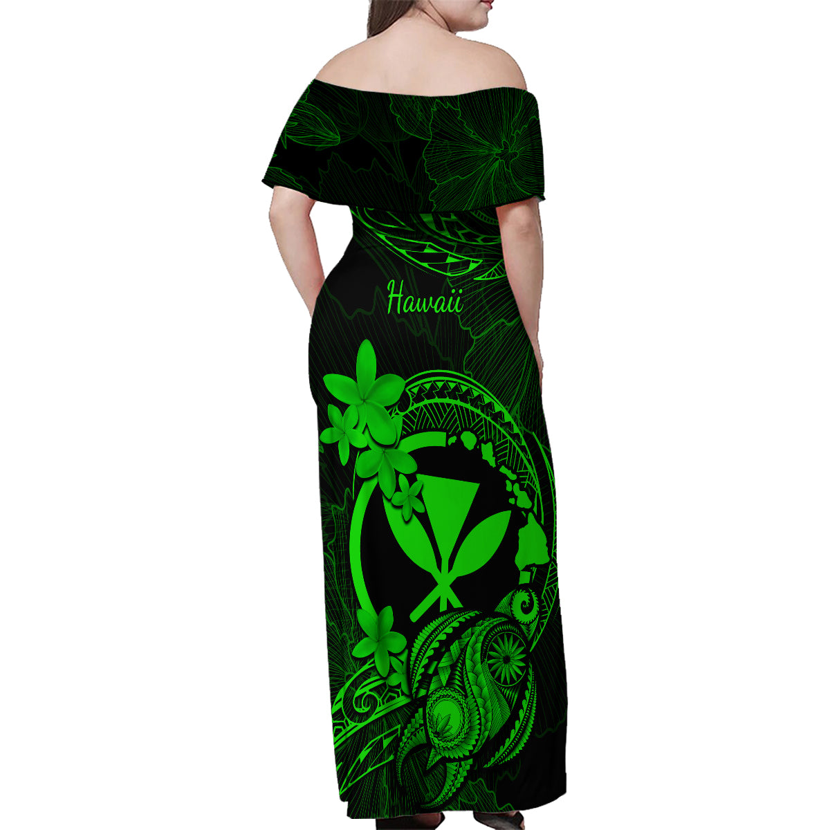 Hawaii Family Matching Off Shoulder Maxi Dress and Hawaiian Shirt Turtle Mix Polynesian Plumeria Green Version - Wonder Print Shop