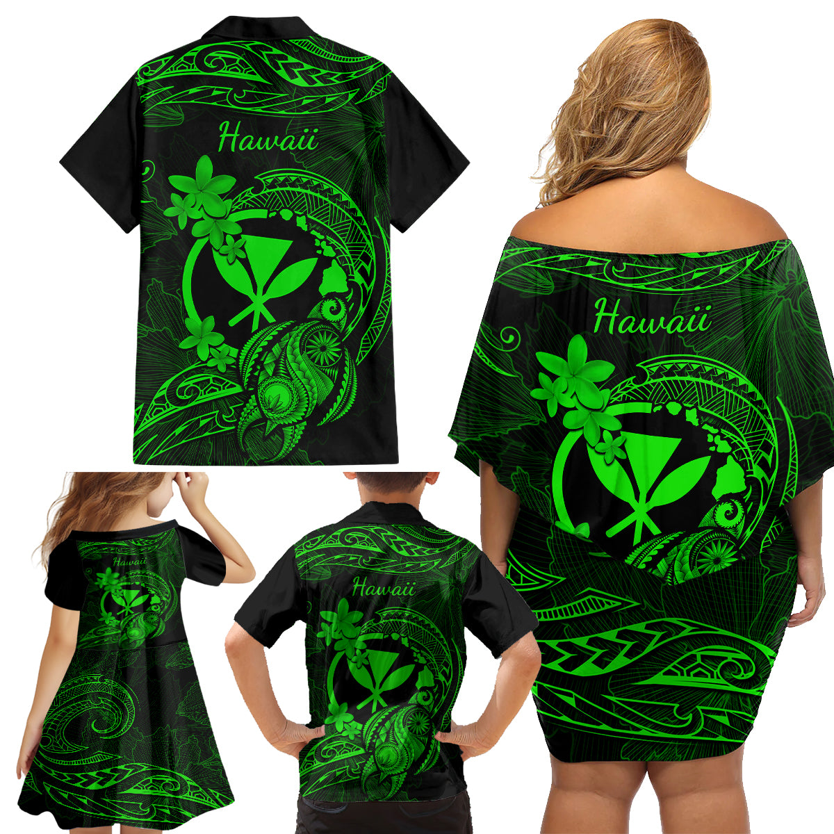 Hawaii Family Matching Off Shoulder Short Dress and Hawaiian Shirt Turtle Mix Polynesian Plumeria Green Version - Wonder Print Shop