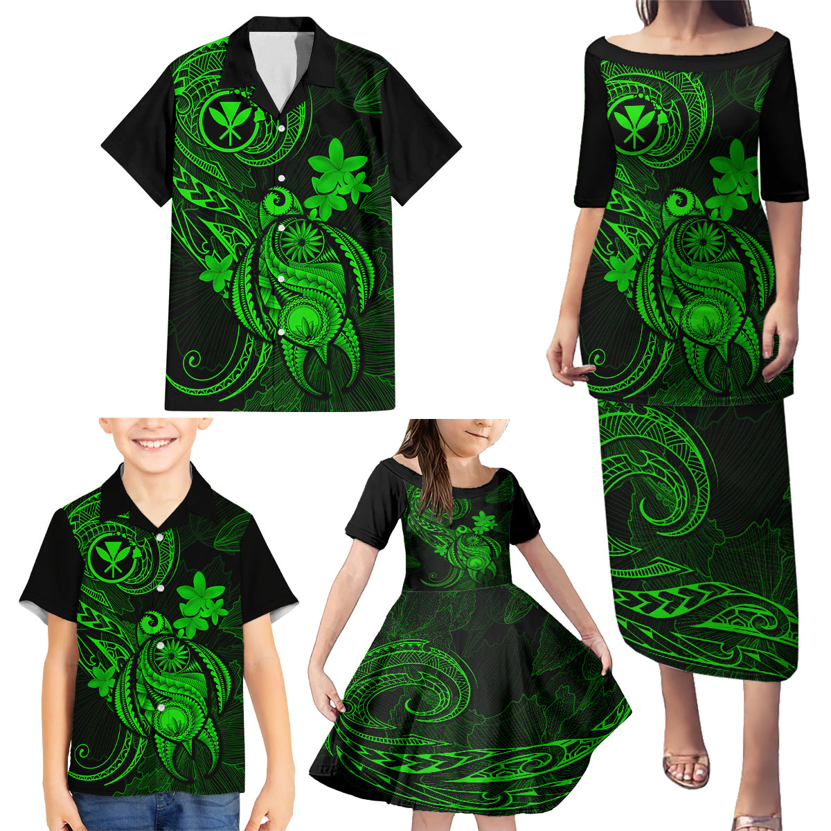 Hawaii Family Matching Puletasi Dress and Hawaiian Shirt Turtle Mix Polynesian Plumeria Green Version - Wonder Print Shop