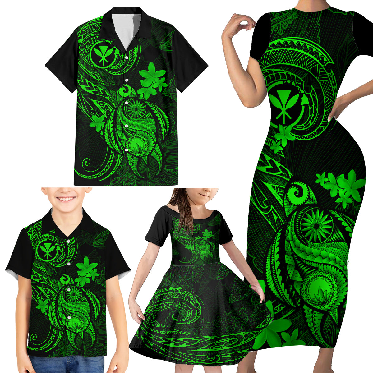 Hawaii Family Matching Short Sleeve Bodycon Dress and Hawaiian Shirt Turtle Mix Polynesian Plumeria Green Version - Wonder Print Shop