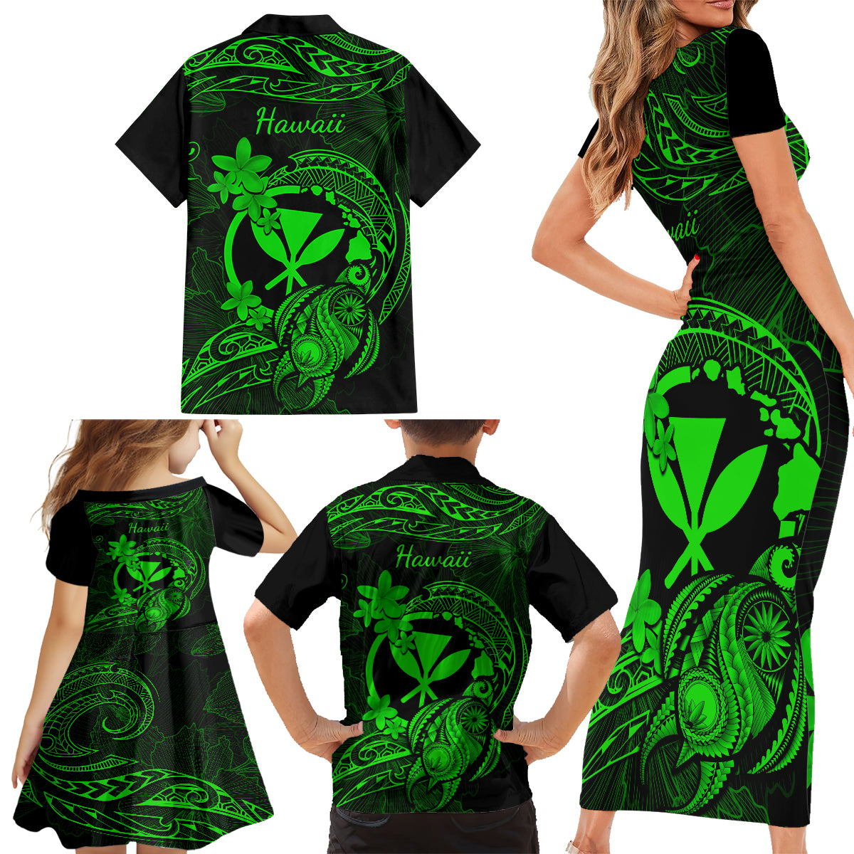 Hawaii Family Matching Short Sleeve Bodycon Dress and Hawaiian Shirt Turtle Mix Polynesian Plumeria Green Version - Wonder Print Shop